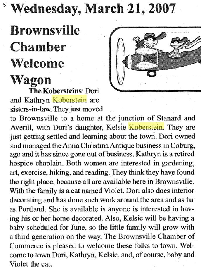 Kathryn, Dori, and Delsie Koberstein Welcom Wagon Article